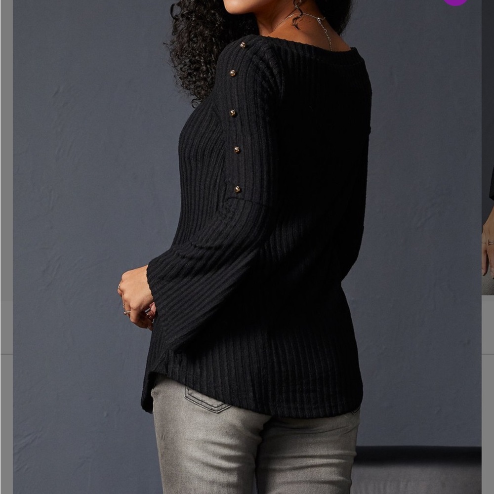 Suzanne Betro Black Ribbed Button Detail Bell Sleeve Tunic